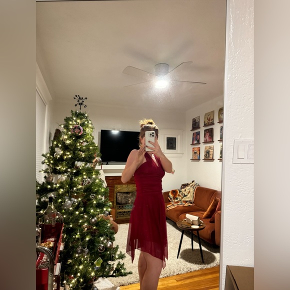 Y2K Holiday Red Asymmetrical Scarf Halter Dress Red Sparkles read caption - Picture 9 of 10